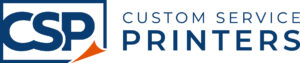 Custom Service Printers (CSP) logo, featuring a page turning for your next printing project.