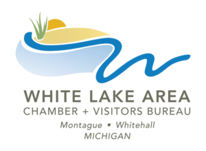 White Lake Area Chamber of Commerce and Visitors Bureau logo featuring a beach scene and the names Montague and Whitehall, Michigan